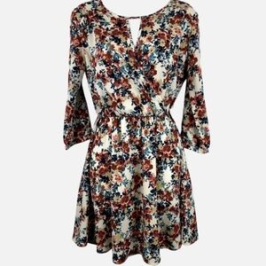 Lush Floral Red Blue Creme V-Neck Puff Long Sleeve Mini Dress